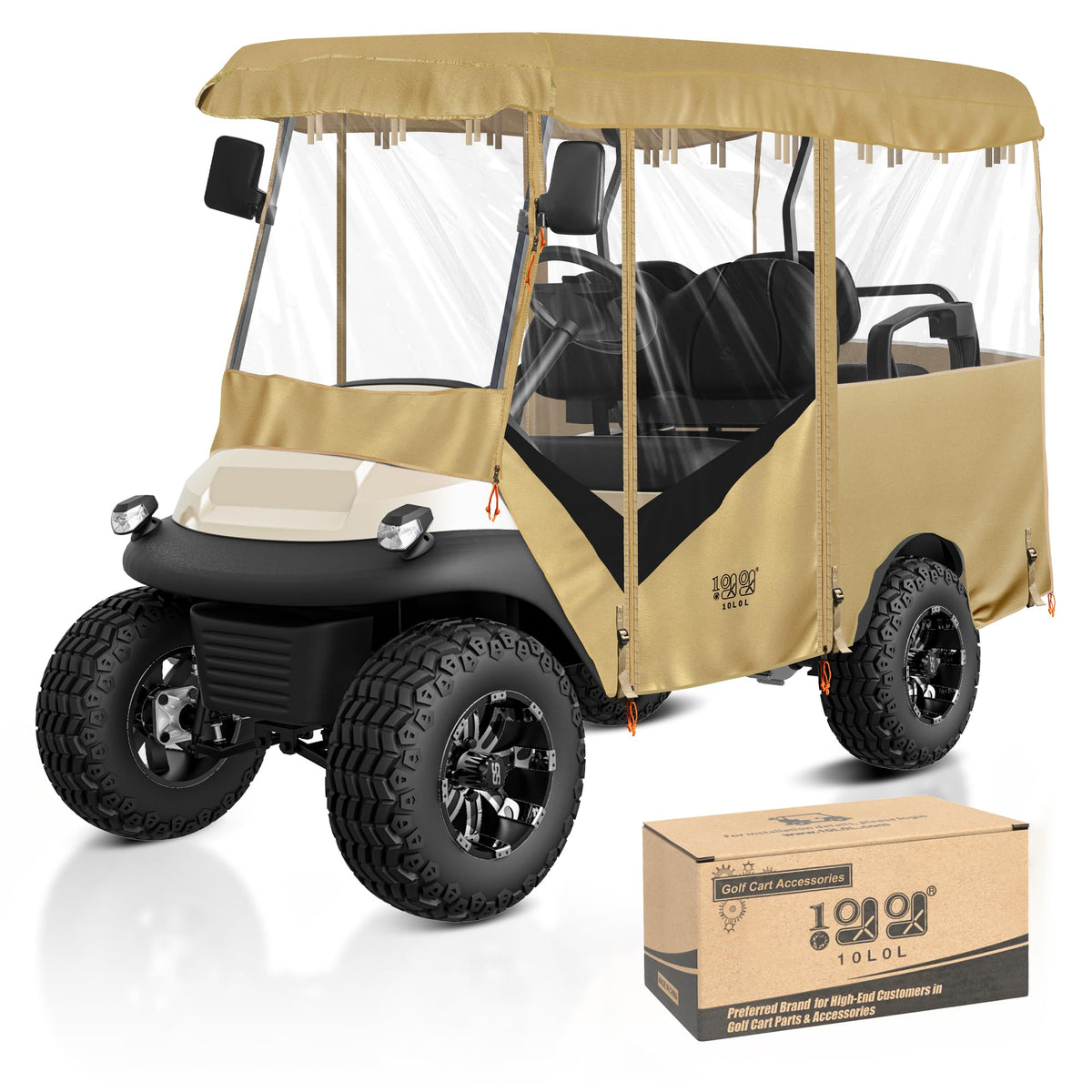 10L0L universal golf cart enclosure fitted to 86-6 inch roofs showing full protection and visibility