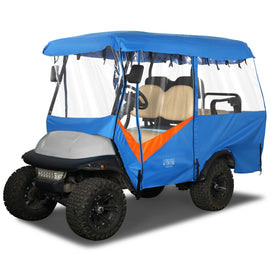 10L0L universal golf cart enclosure blue front view showing weather protection