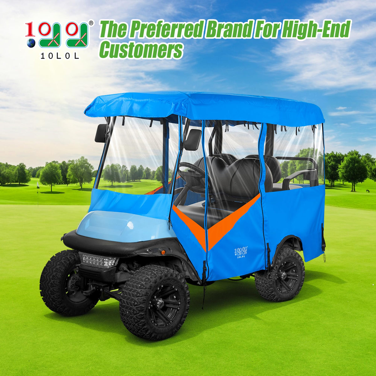 10L0L universal golf cart enclosure clear-windows for unobstructed visibility.