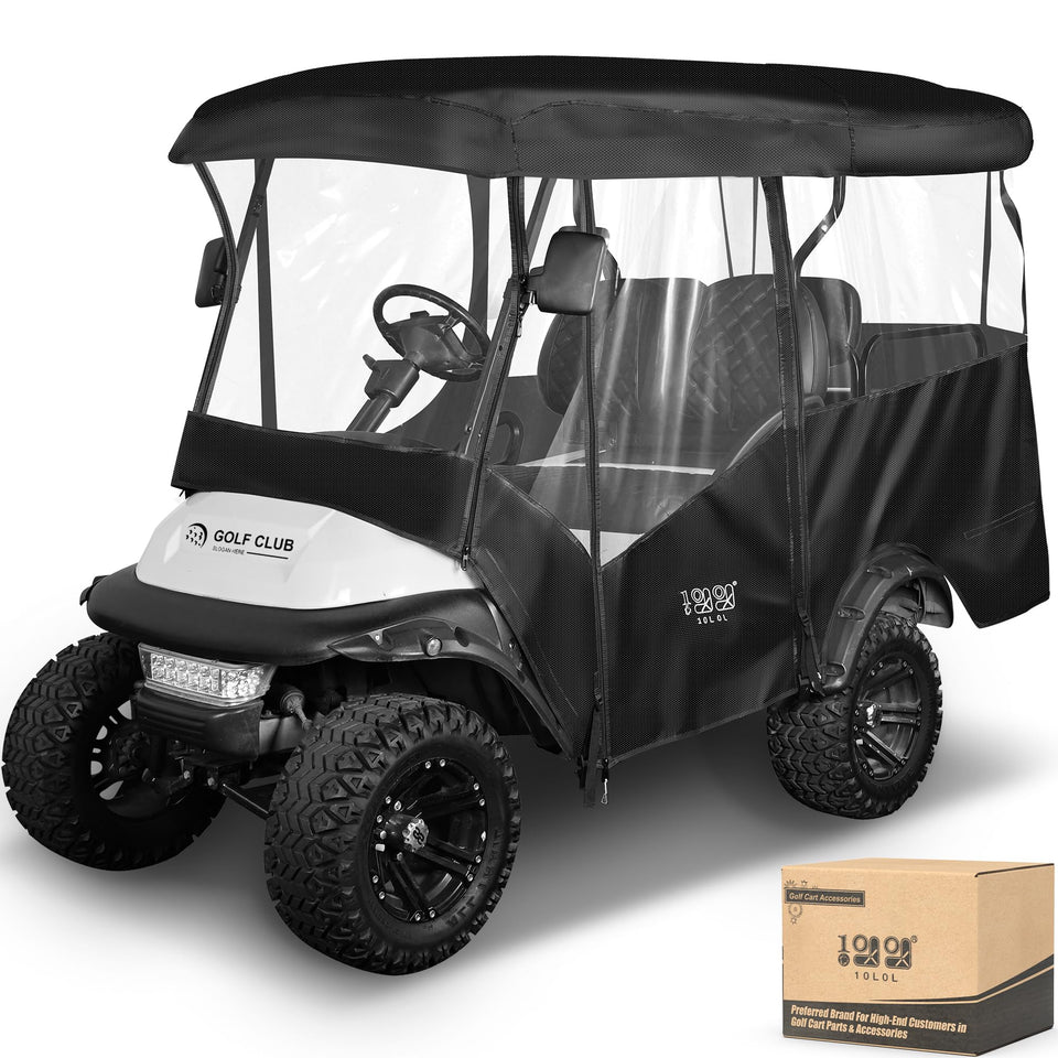 10L0L universal enclosure front view offers full weather protection for four-passenger carts