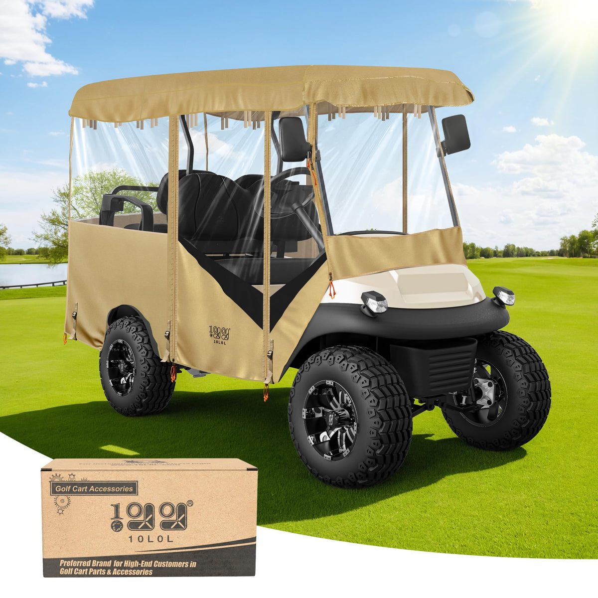 10L0L universal golf cart enclosure front view showing weatherproof protection