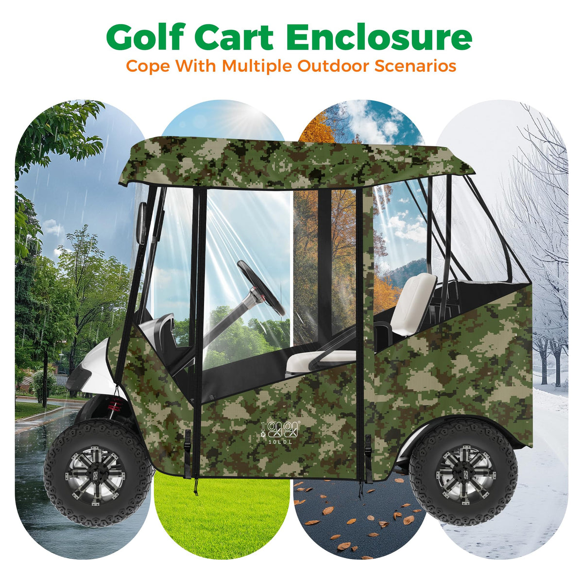 10L0L universal golf cart enclosure Velcro four-position fasteners ensure secure fit.
