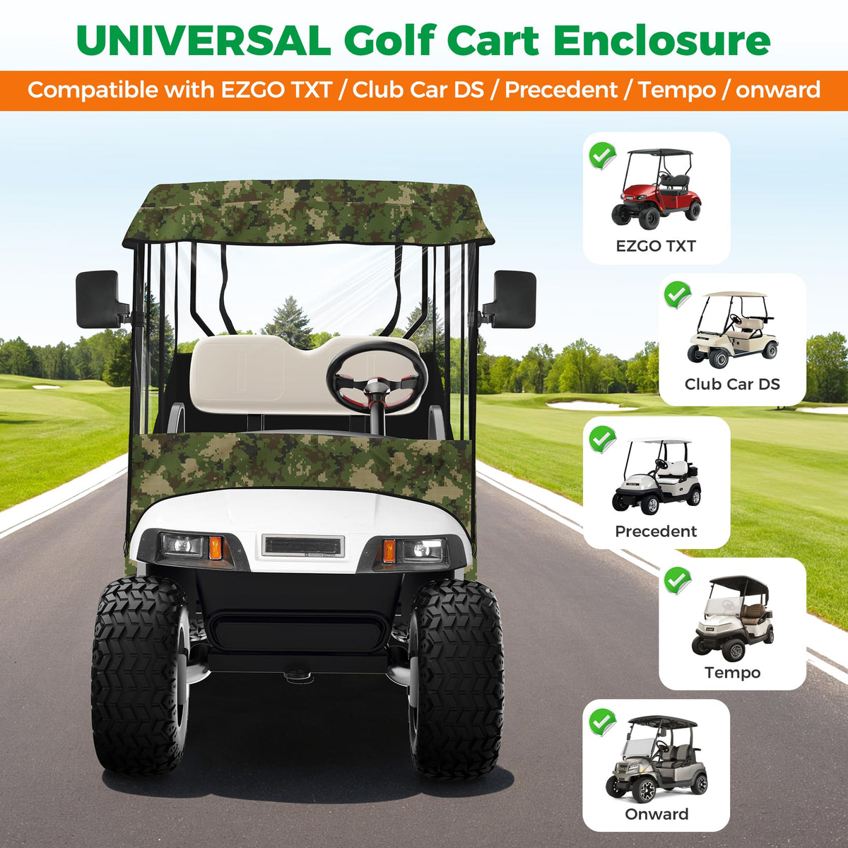 10L0L universal golf cart enclosure waterproof coverage shields carts from rain and snow.