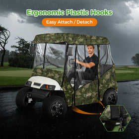 All-weather fabric of 10L0L golf cart enclosure shields rain and UV