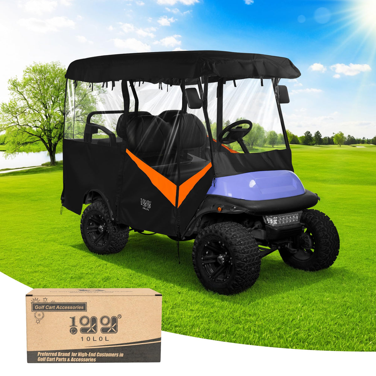 10L0L universal enclosure on Yamaha cart with 86-inch roof protects from rain