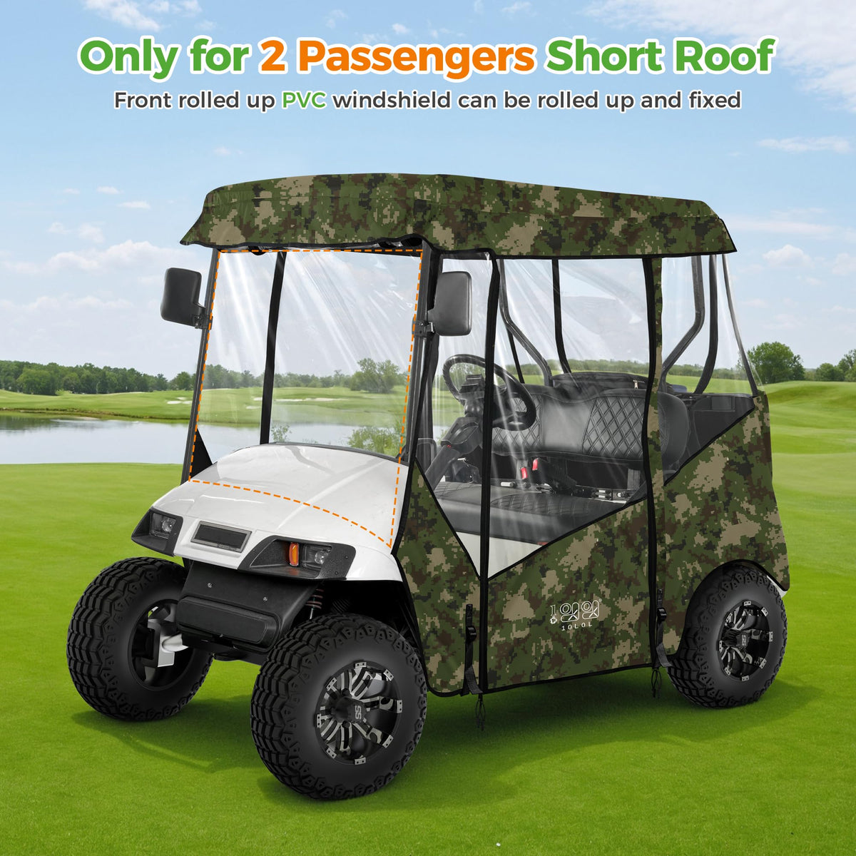 Close view of zippered doors on 10L0L golf cart enclosure for easy entry