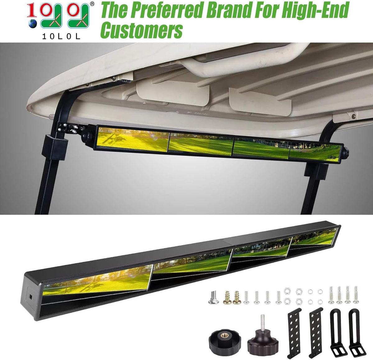 10L0L universal golf cart mirror for EZGO provides panoramic rear view.