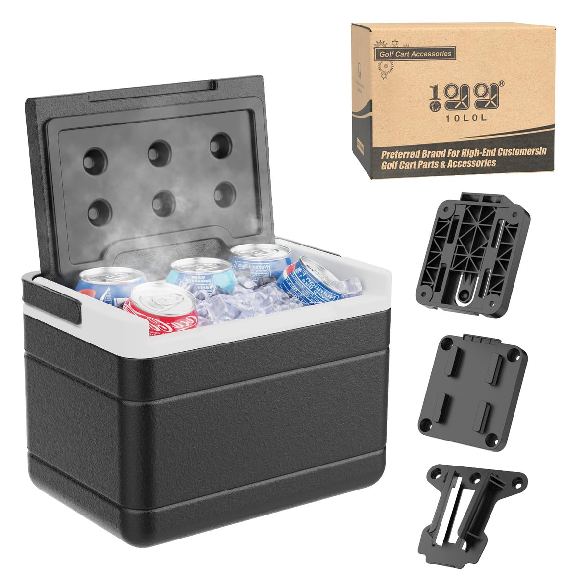 10L0L universal golf cart cooler with mounting bracket for secure fit on bumpy rides