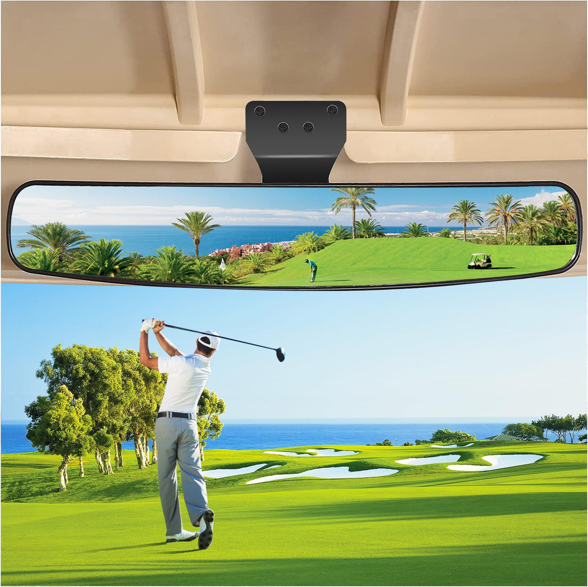 10L0L universal golf cart rear view mirror with 16.5-inch width for safer reversing.