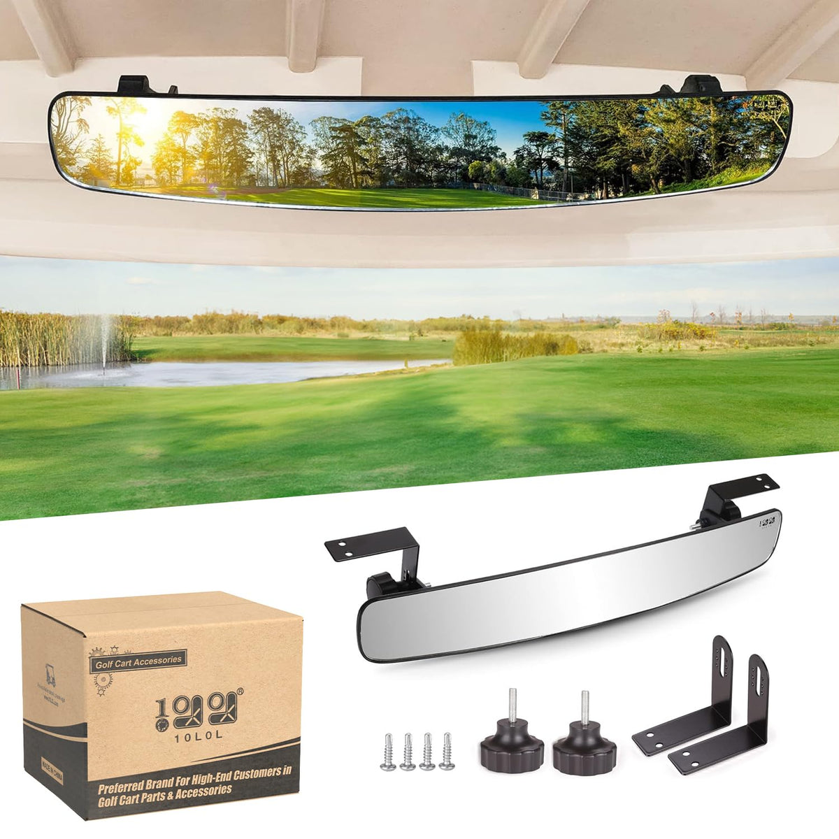 10L0L universal golf cart rear view mirror with a 16.5-inch wide field for safer reversing.