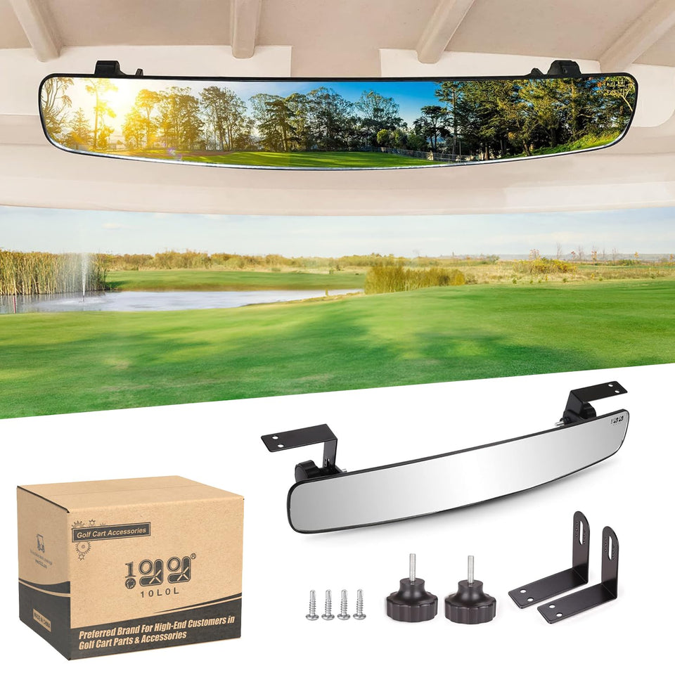 10L0L universal golf cart rear view mirror with a 16.5-inch wide field for safer reversing.