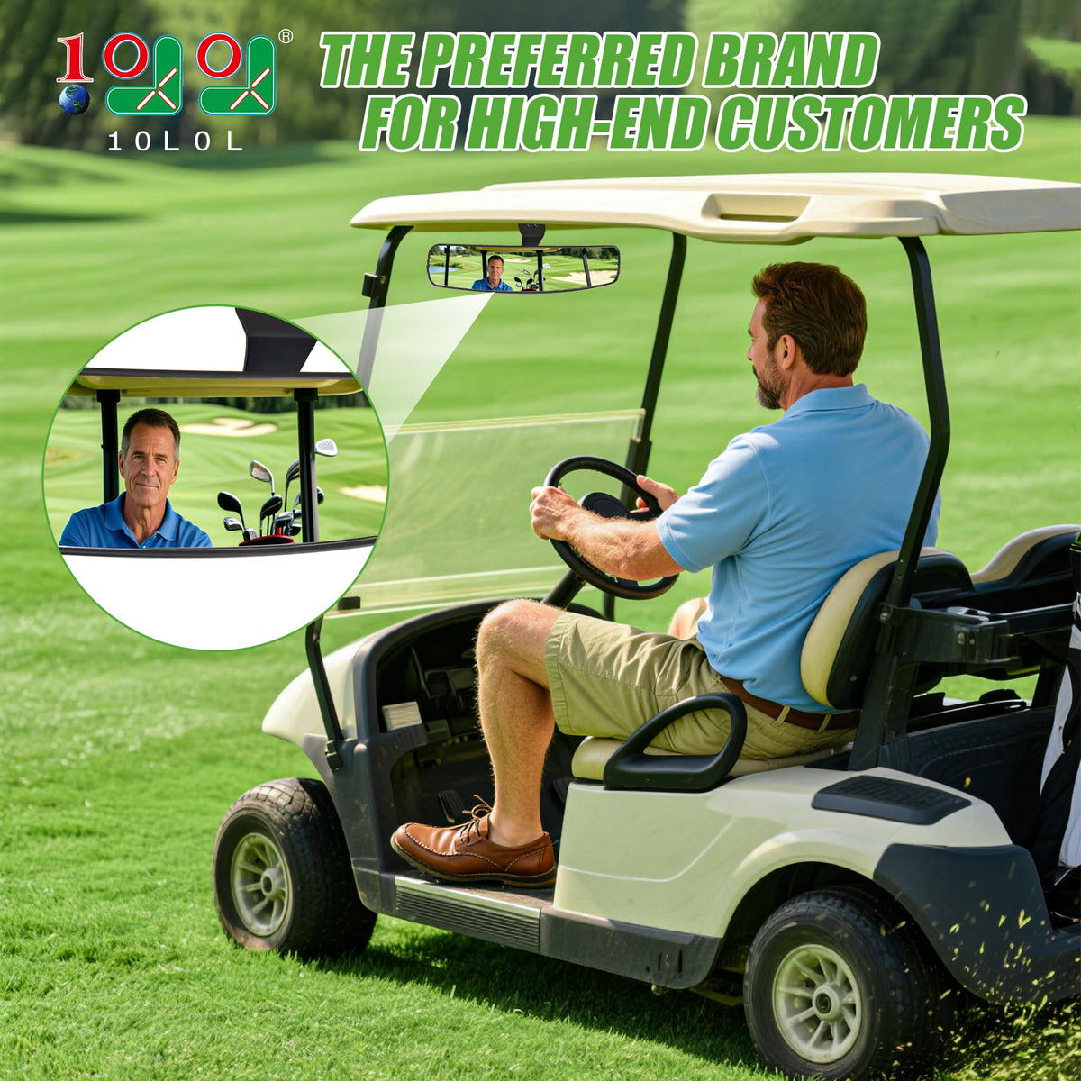10L0L universal golf cart rear view mirror 180-degree panorama enhances rear visibility.