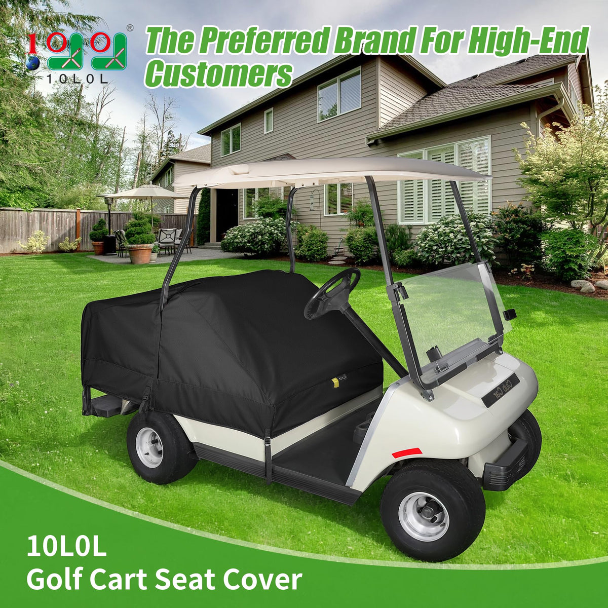 10L0L universal golf cart seat cover side view shows adjustable belts for a secure fit