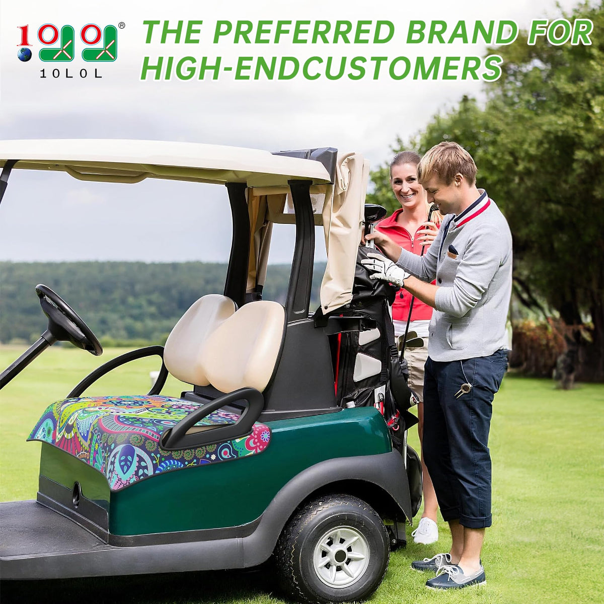 10L0L seat cover on Club Car DS, durable UV protection for seats.