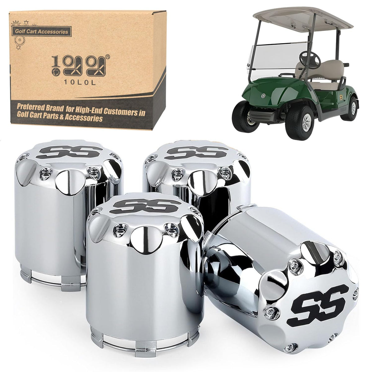 10L0L universal SS center cap with chrome finish for Yamaha EZGO Club Car, polished look.