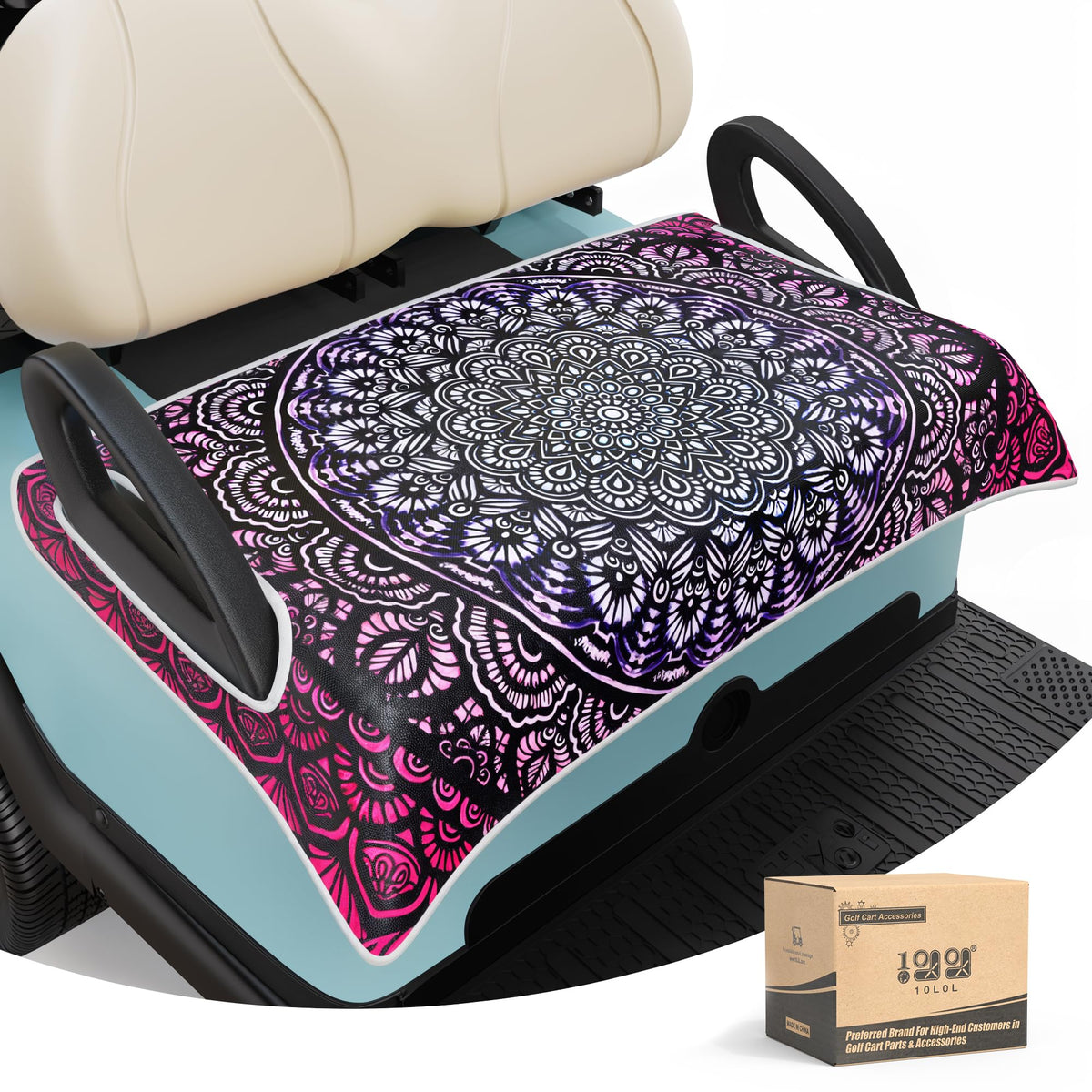 10L0L universal seat covers fitted on EZGO TXT and RXV with Club Car DS/Precedent compatibility for a snug look