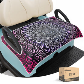 10L0L universal seat covers fitted on EZGO TXT and RXV with Club Car DS/Precedent compatibility for a snug look
