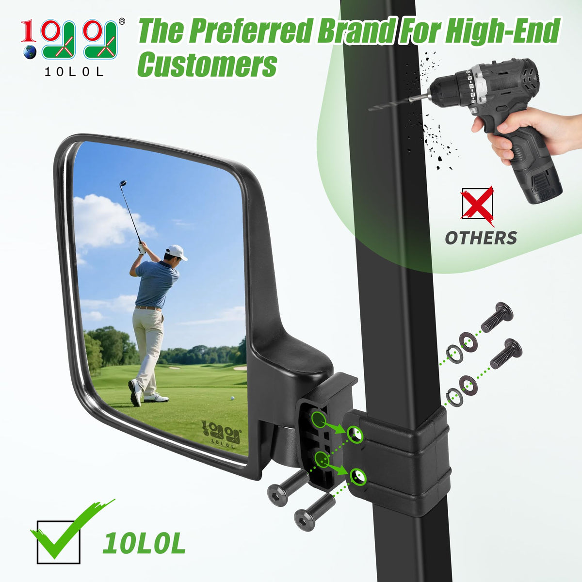 10L0L universal side mirror for Yamaha, Club Car, EZGO improves visibility