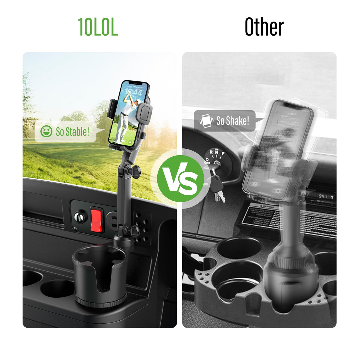 Golf cart cup holder with 360-degree rotation for flexible viewing
