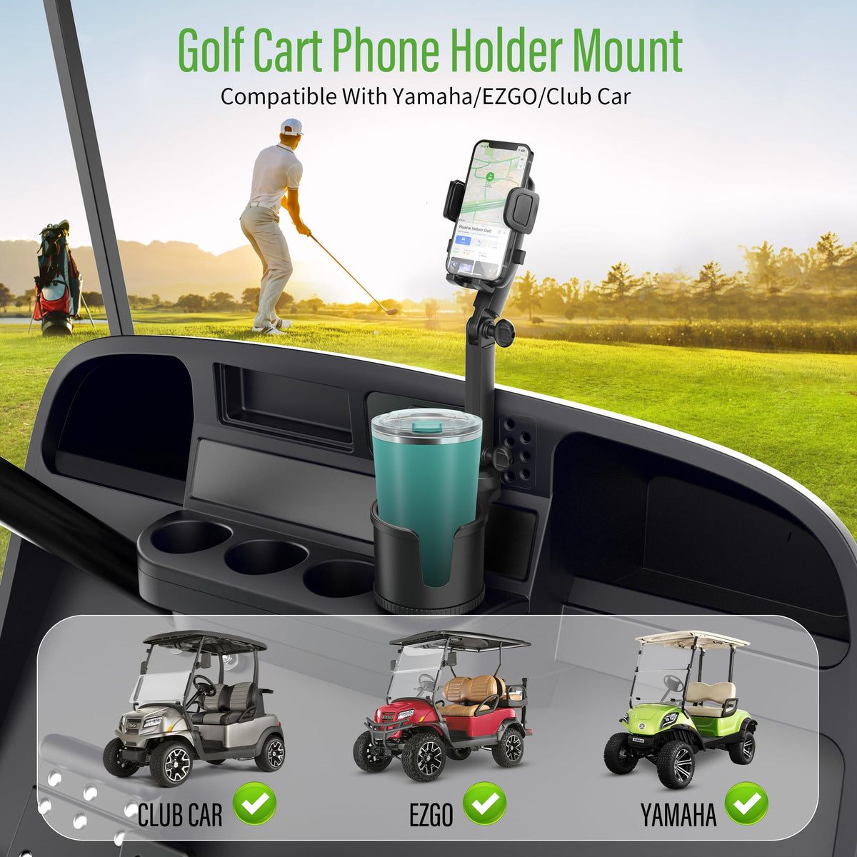 Robust adjustable arm of 10L0L golf cart mount, easy push-pull operation