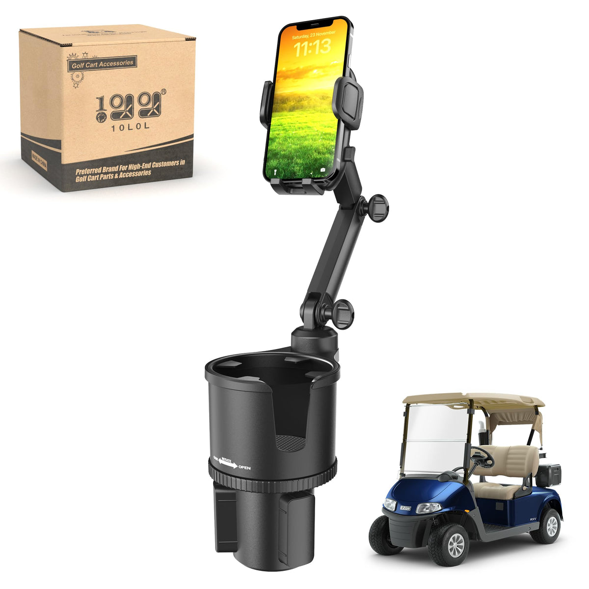 10L0L Updated ABS Golf Cart Cup Holder Mount on a cart, universal fit for EZGO, Club Car, Yamaha
