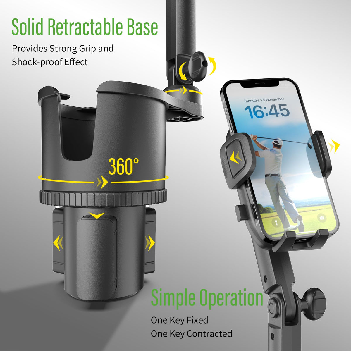 Expandable base extended on golf cart cup holder, versatile fit