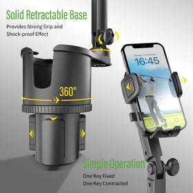 Expandable base extended on golf cart cup holder, versatile fit