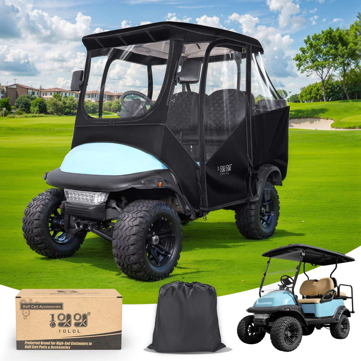 10L0L four-seat Club Car Precedent enclosure, front view, weather protection for riders.