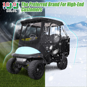 10L0L enclosure for four passengers, side view showing snug fit and rain shield.