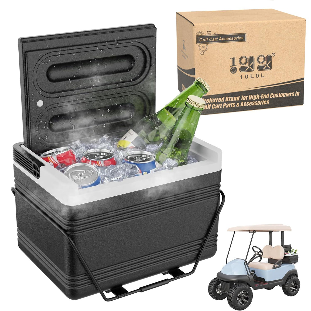 10L0L upgraded golf cart cooler with mounting bracket secures drinks on the move.