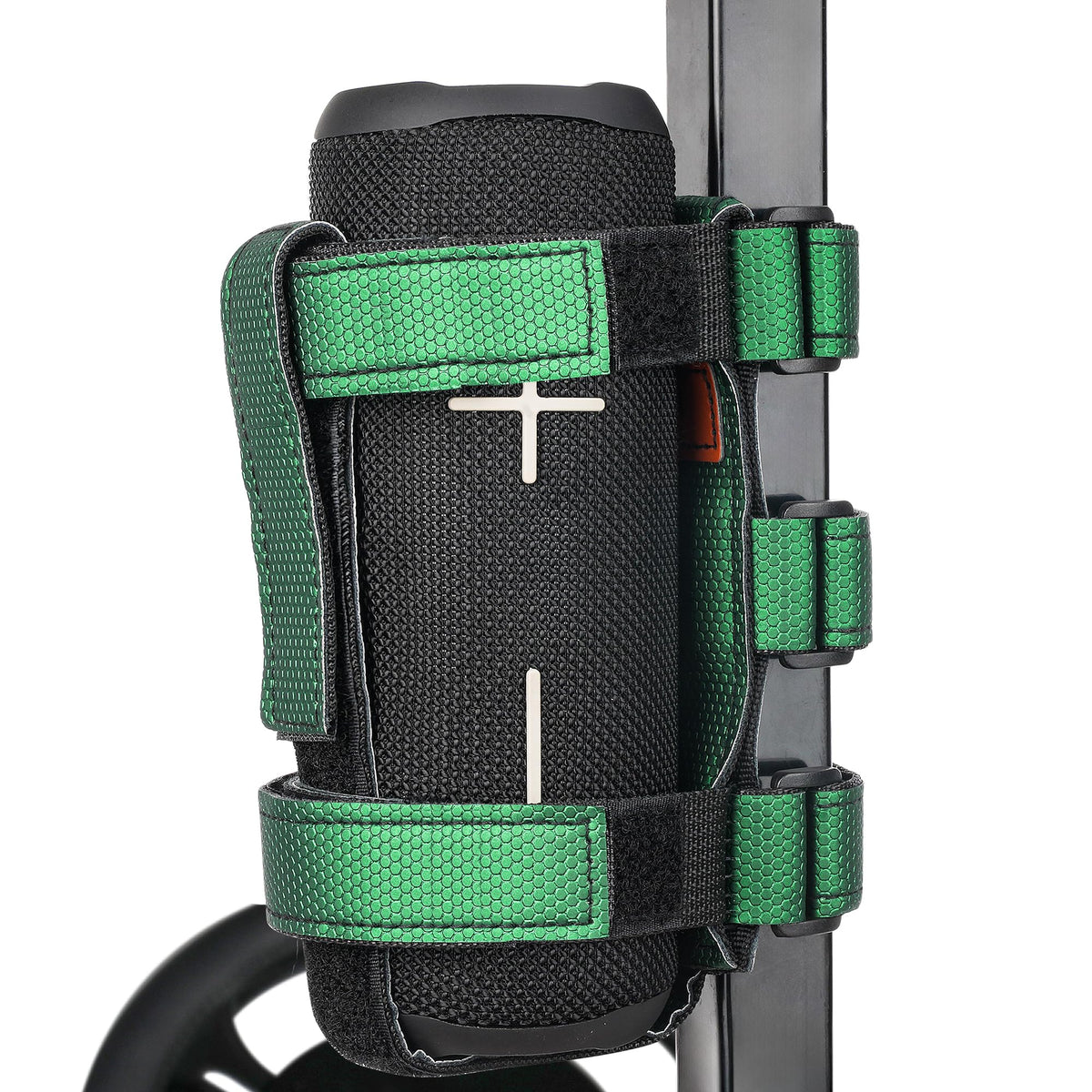 10L0L upgraded speaker mount on a golf cart securing the Yamaha Bluetooth speaker.