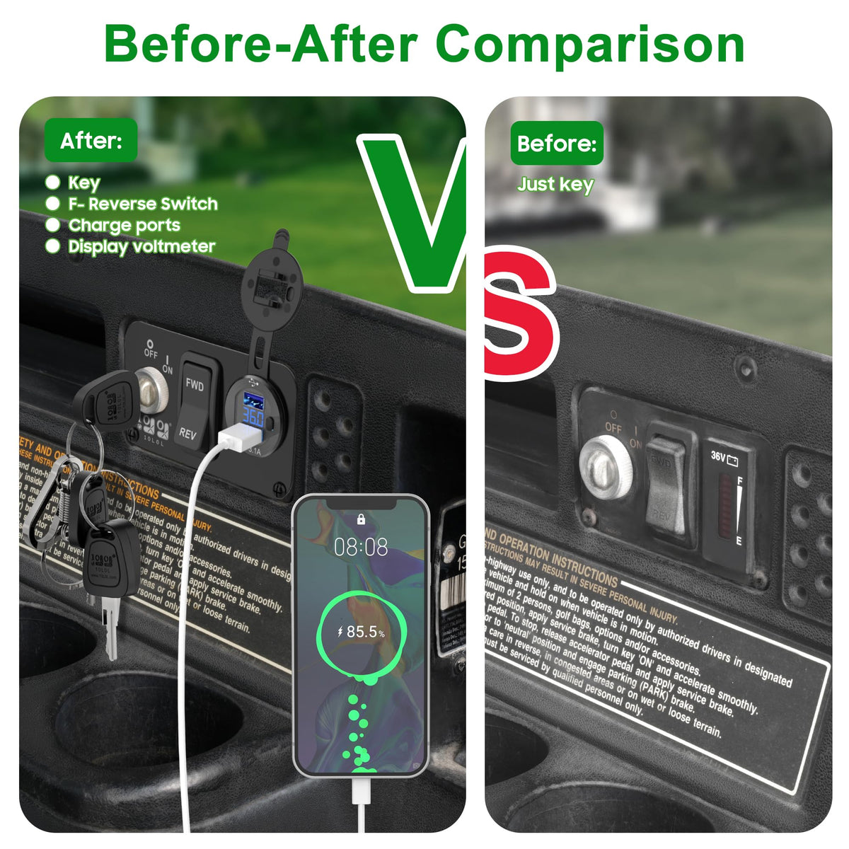 10L0L USB charger socket for EZGO keeps devices charged during rounds.
