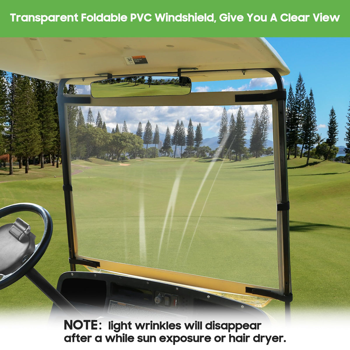 Velcro strap secures windshield during bumpy golf cart rides