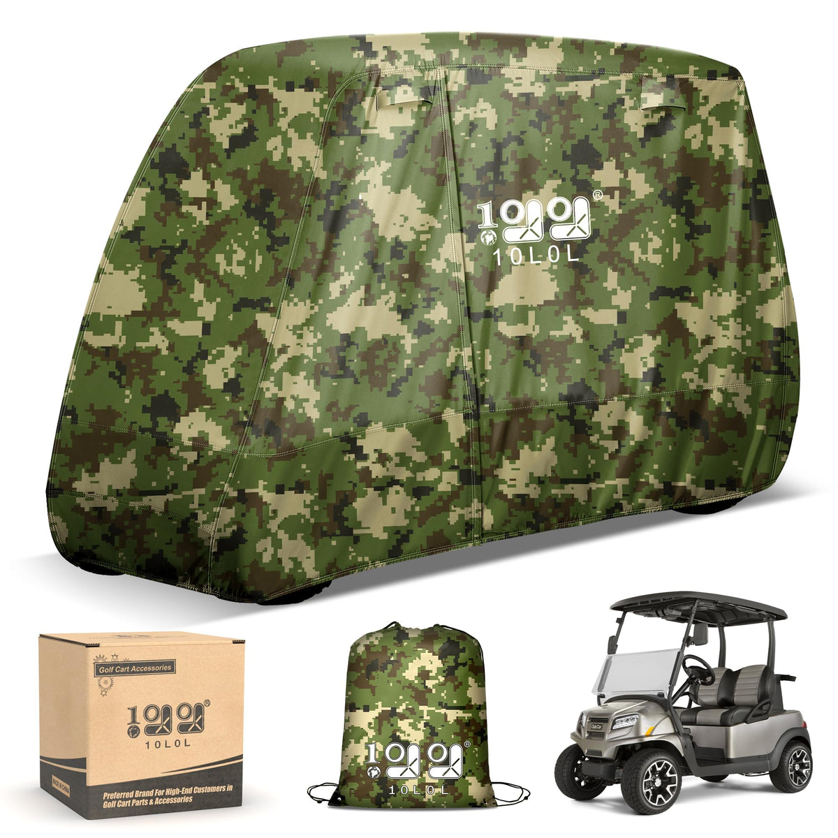 10L0L golf cart cover front view shows universal fit and secure windproof strap.