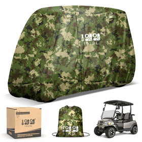 10L0L golf cart cover front view shows universal fit and secure windproof strap.