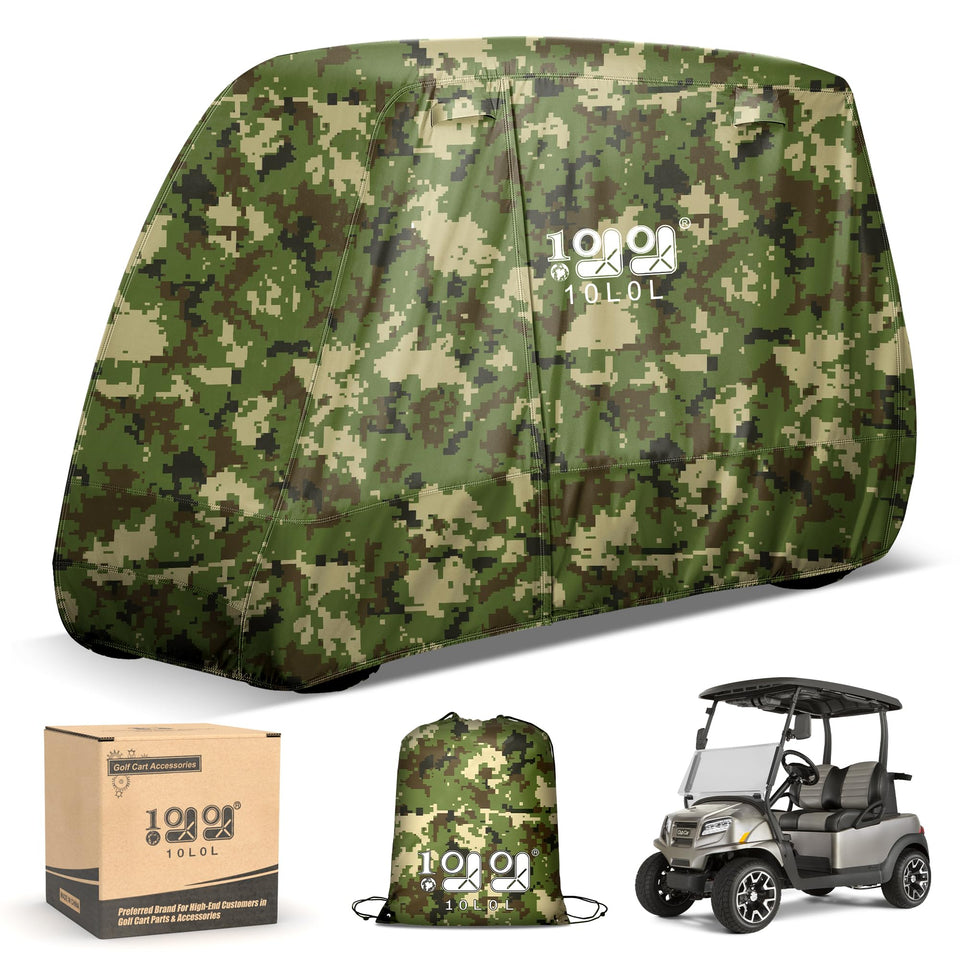 10L0L golf cart cover front view shows universal fit and secure windproof strap.
