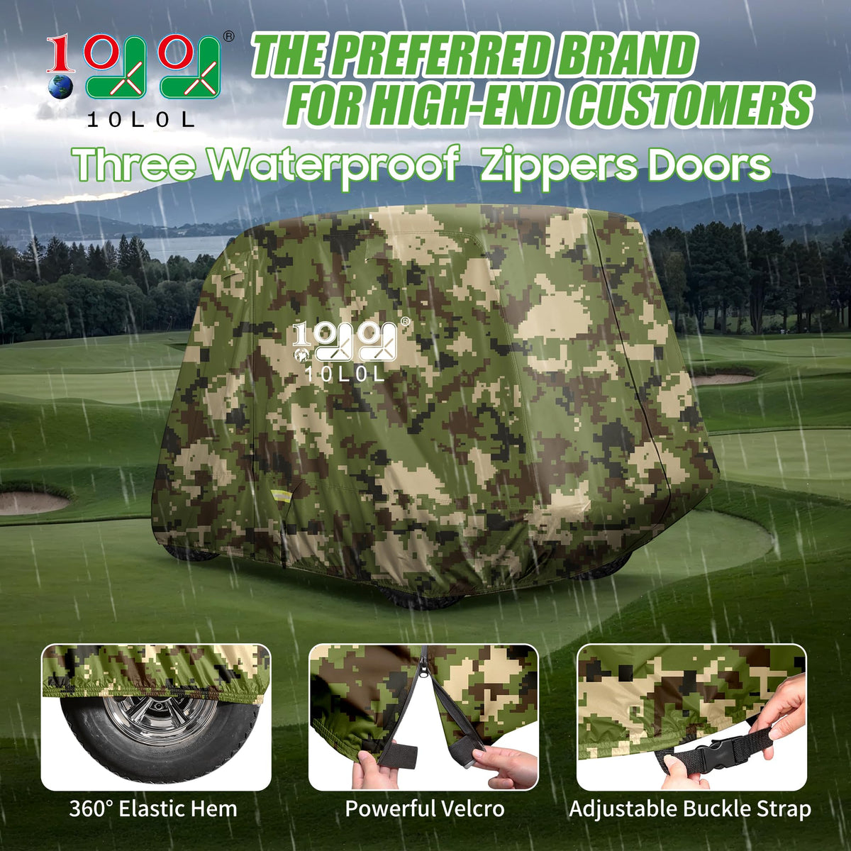 10L0L golf cart cover rear view highlights waterproof seams and durable fabric.