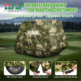 10L0L golf cart cover rear view highlights waterproof seams and durable fabric.