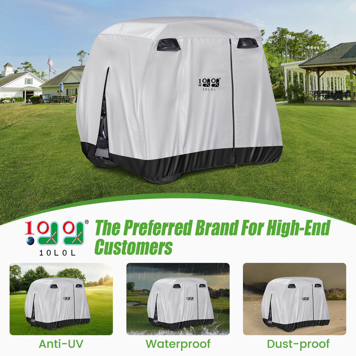 10L0L golf cart cover with UV coating shielding exterior from sun damage