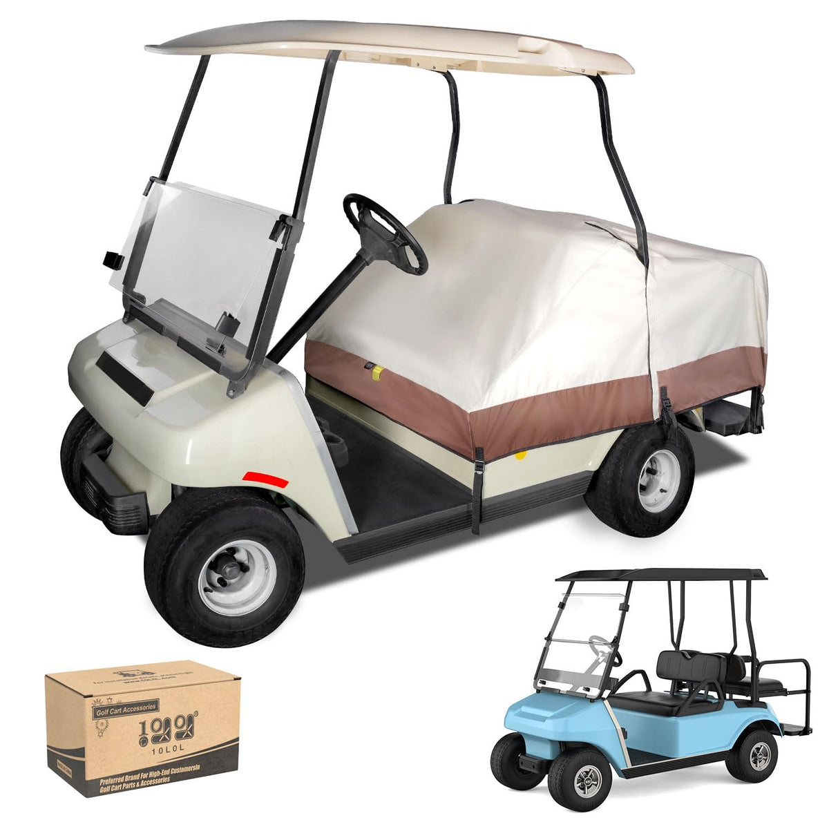 10L0L seat cover front view for 2+2 golf carts with rainproof protection.