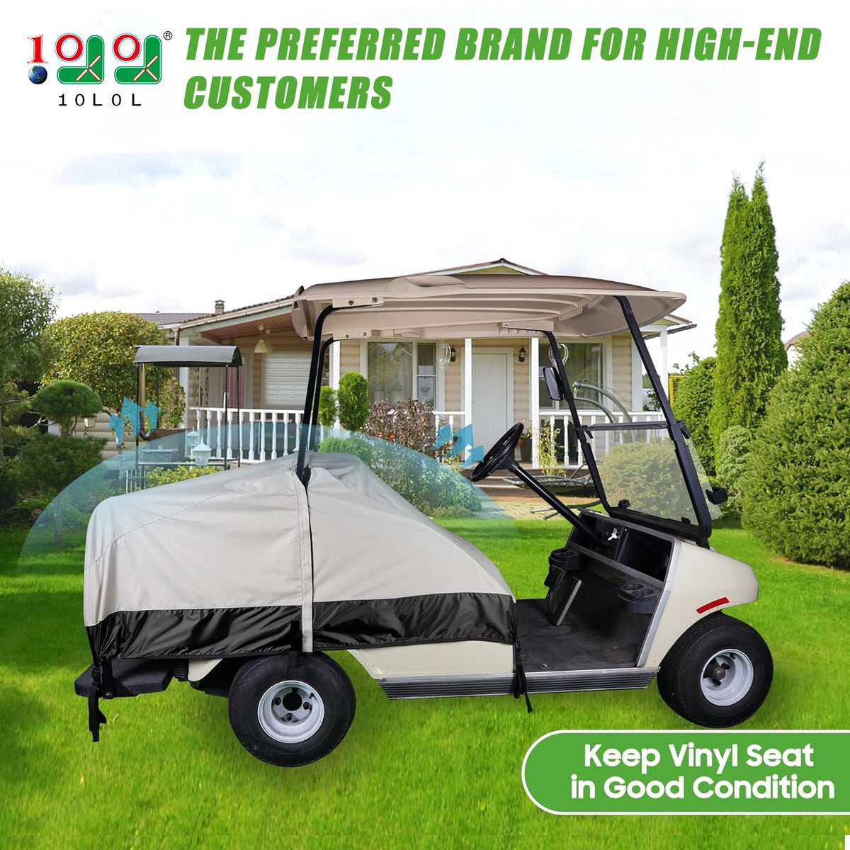 10L0L waterproof golf cart seat cover showing rain and dust protection for a clean interior.