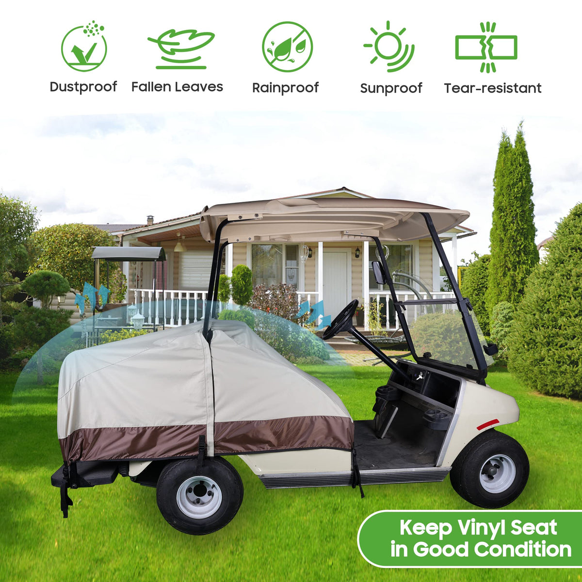 10L0L seat cover side view shows secure all-weather fit for 2+2 carts.