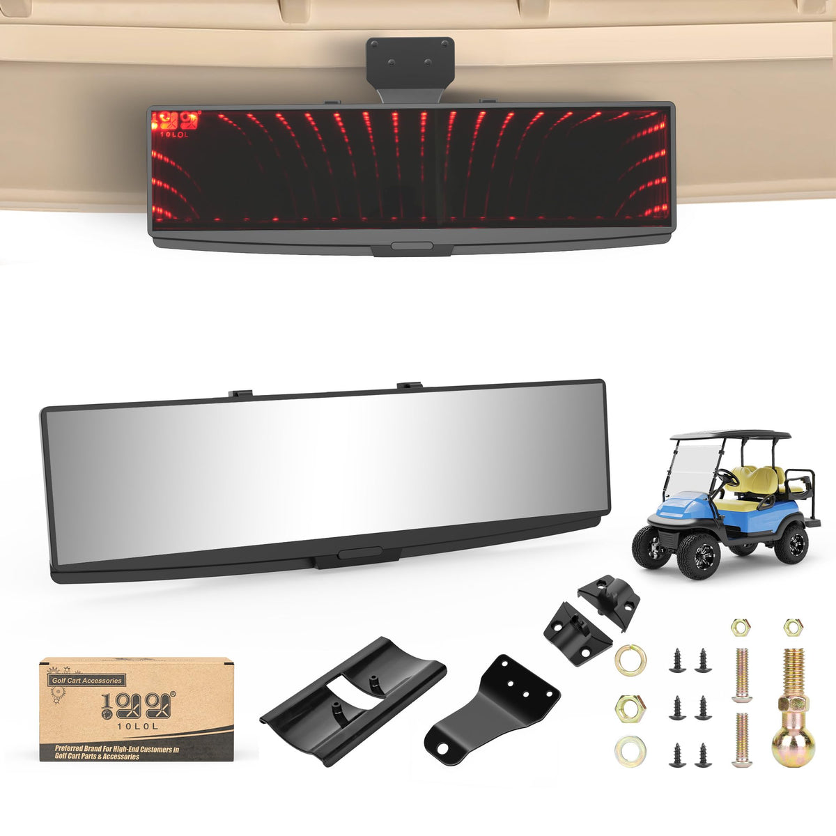 The 10L0L Wide View Mirror enhances EZGO rear visibility at night.