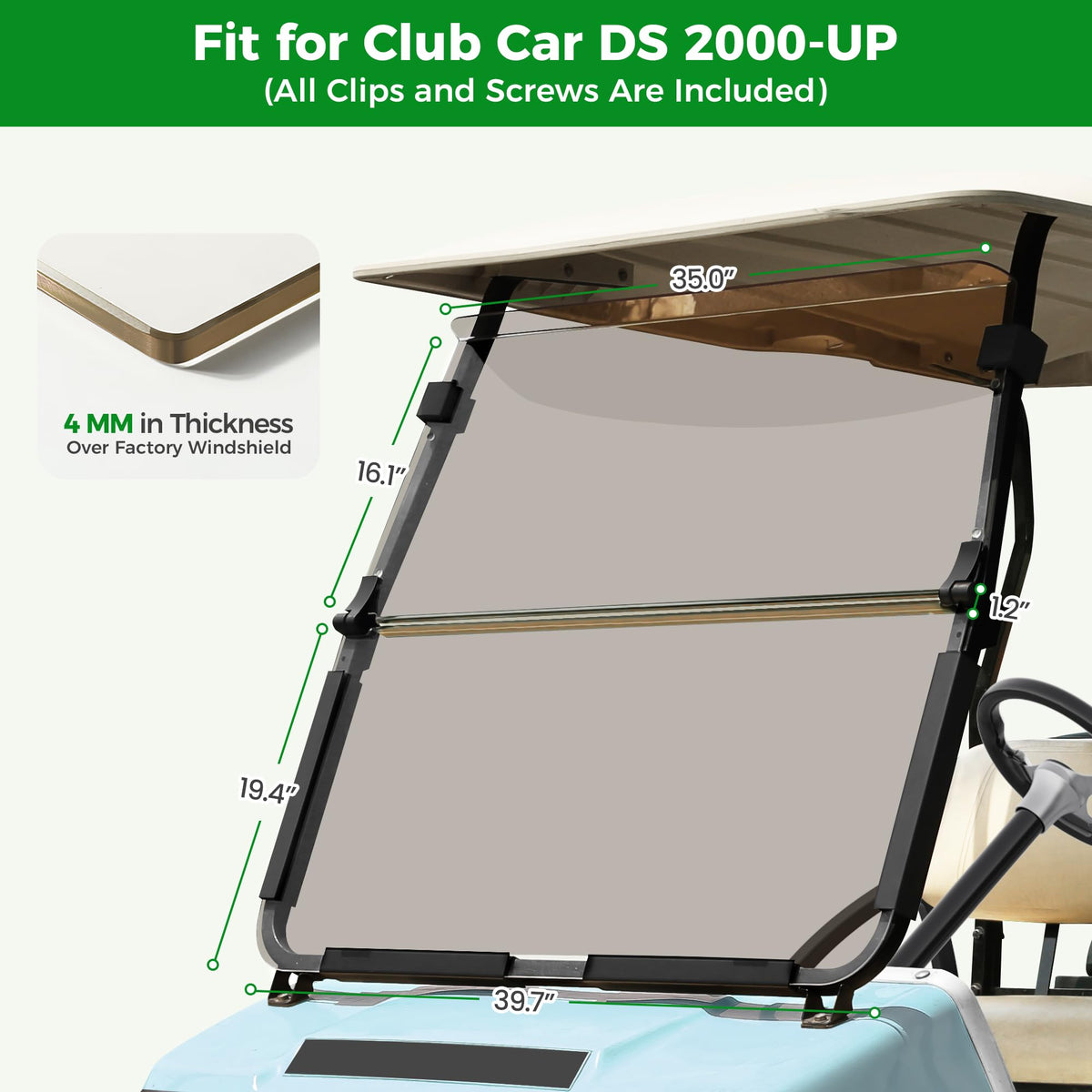 Weather protection from rain and dust on open-road golf cart trips.