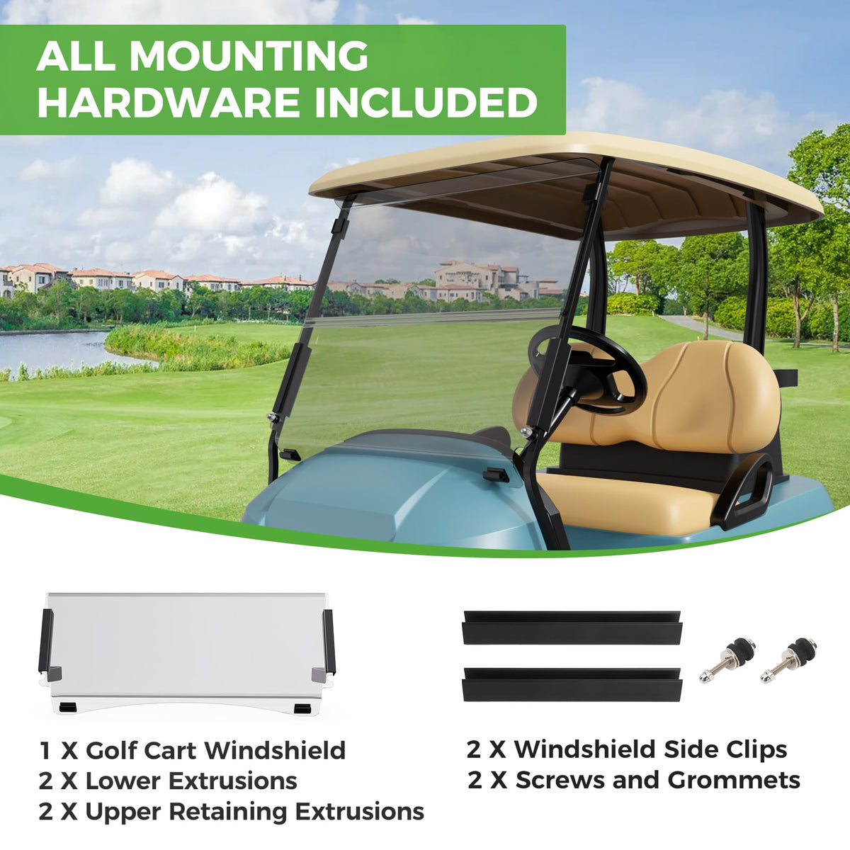 10L0L windshield mounted on a golf cart for a crisp field view