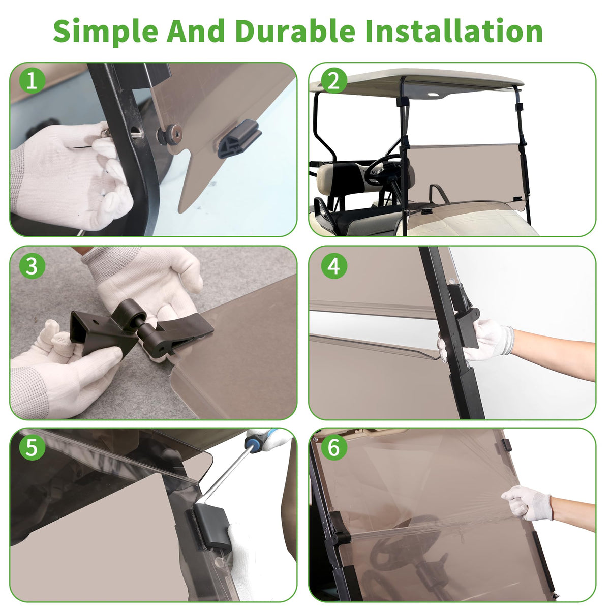 10L0L windshield protects riders from rain and dust during outdoor golf rounds.