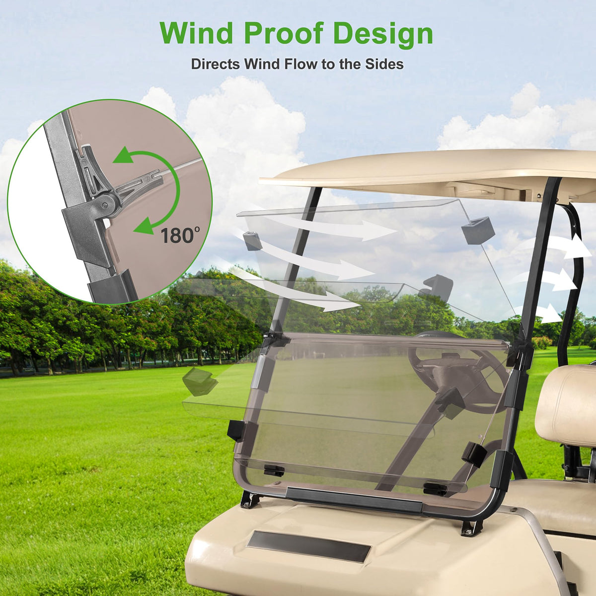 10L0L Fold-down tinted windshield provides glare reduction for sunny drives.