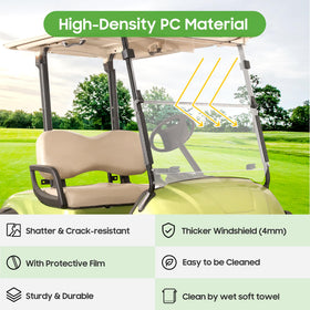 10L0L windscreen protects riders from rain and dust during outdoor golf cart rides.