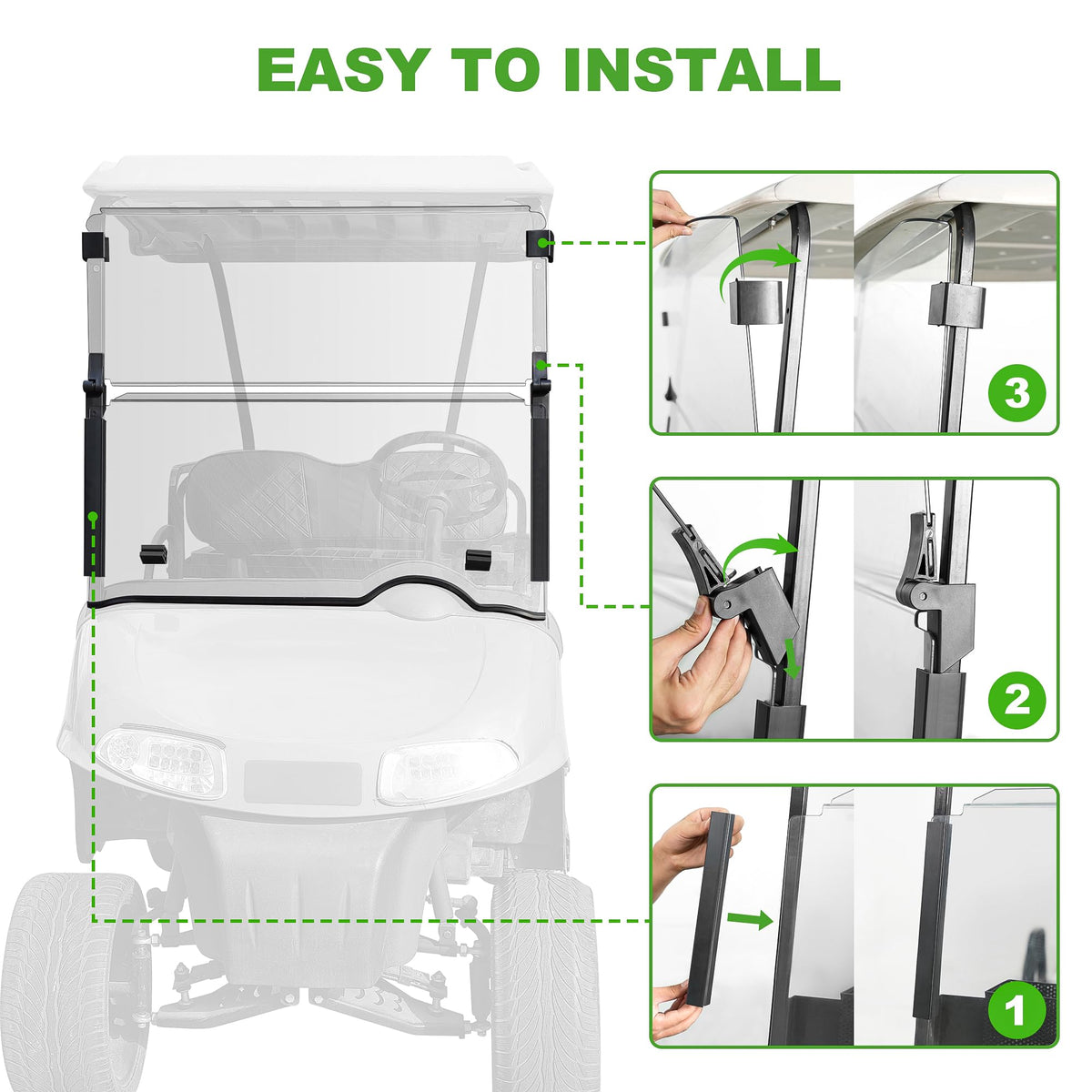 Winter-friendly fold design blocks cold gusts while preserving visibility on EZGO RXV.
