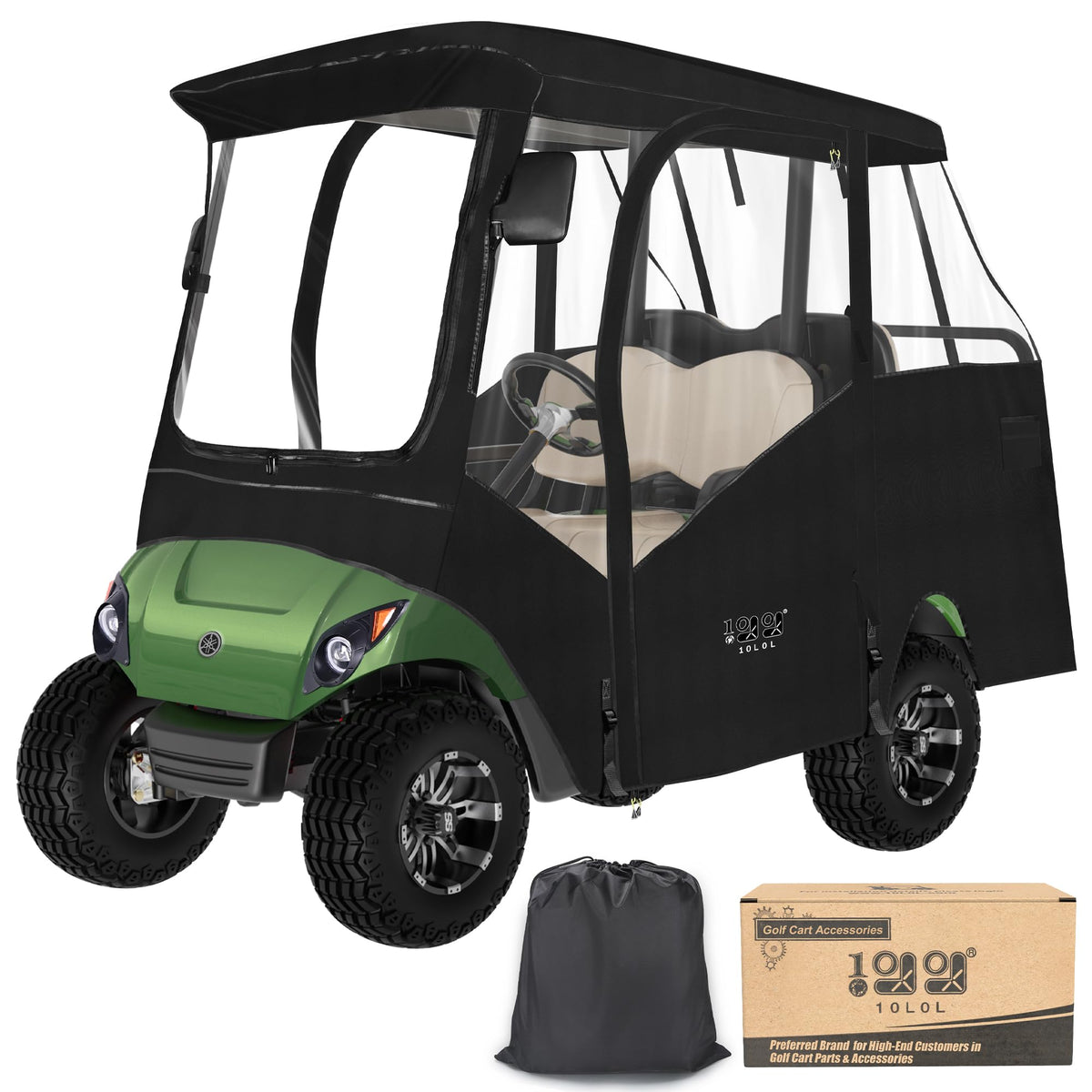 10L0L Yamaha golf cart enclosure front view with waterproof protection and clear windows